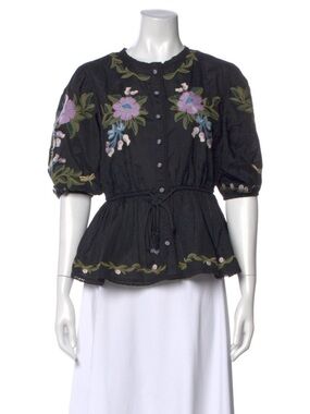 FARM Rio Black Embroidered Floral Peplum Blouse